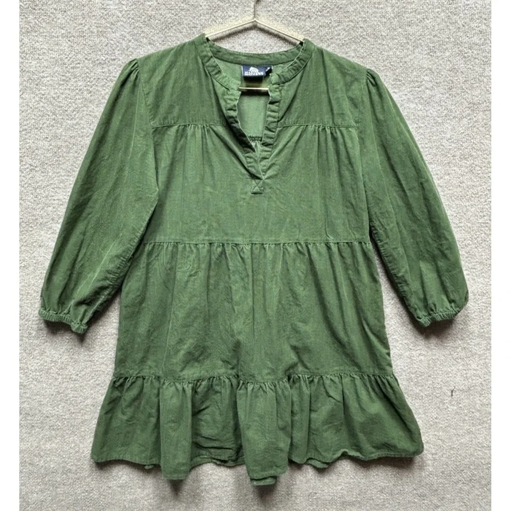 Madison Mathews Womens Mini Dress Size Medium Green Corduroy V Neck Layered‎ EUC